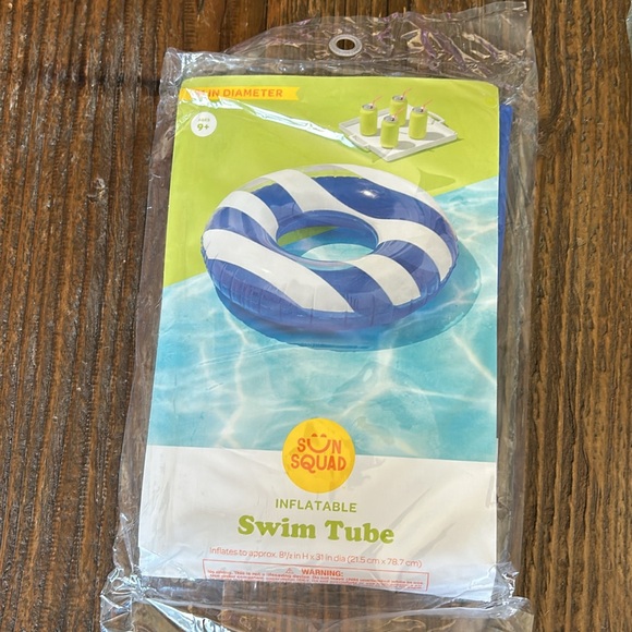 Lot of 3 inflatable swim tubes.  Blue / Green / Yellow striped round tubes. - Picture 3 of 5